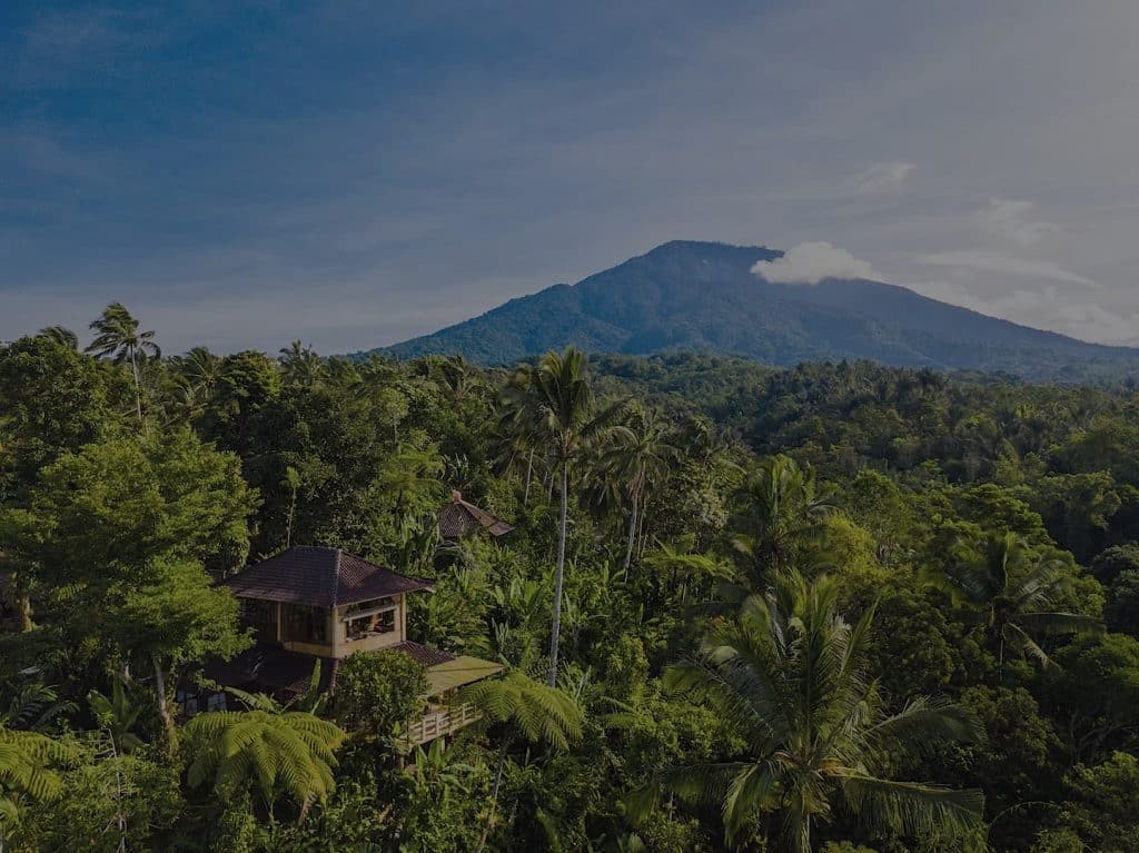 Mount Batukaru rising above the rainforest canopy, with a lodge bungalow nestled among the trees at the Bali writers retreat