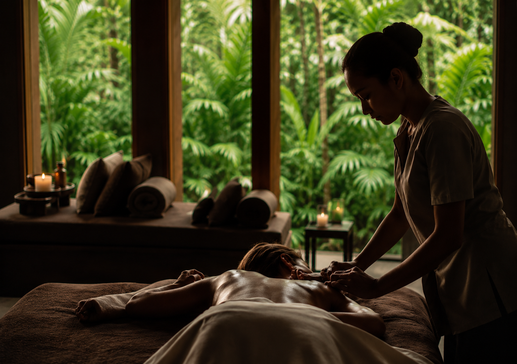 A guest receiving a traditional massage at the candlelit spa, surrounded by tropical plants during the Bali writers retreat