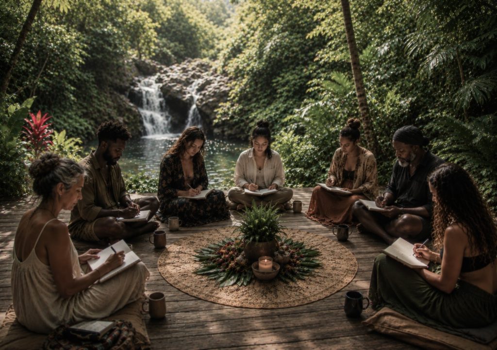 Writing retreat participants sitting in a circle journaling on an open-air deck in Bali, with a jungle waterfall in the background