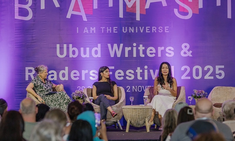 A panel discussion on stage at the Ubud Writers & Readers Festival in Bali, part of the writers retreat itinerary