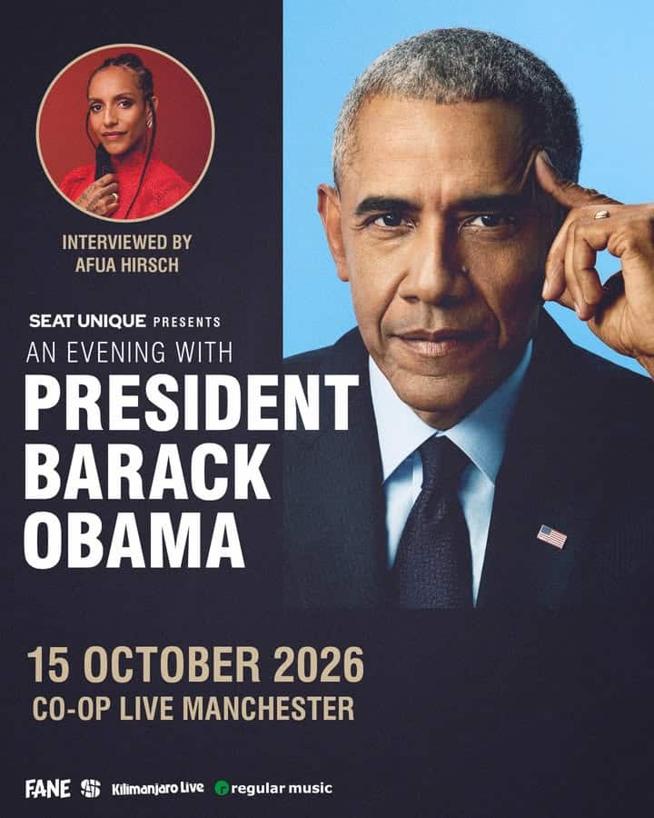 Poster for An Evening with President Barack Obama, interviewed by Afua Hirsch, 15 October 2026, Co-op Live Manchester